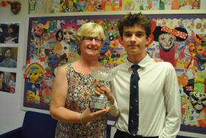 Swanmead School celebration of achievement Pt 3 – July 18, 2016: Main award winners at Swanmead School’s Celebration of Achievement Evening in Ilminster. The Spurway Cup for Sport was won by Lewis Bolland and he is pictured here with Sue Spurway.