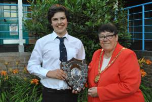 Swanmead School celebration of achievement Pt 3 – July 18, 2016: Main award winners at Swanmead School’s Celebration of Achievement Evening in Ilminster. Ilminster Mayor, Cllr Val Keitch, with Jake Nicholas, winner of the John Wilson Memorial Shield.